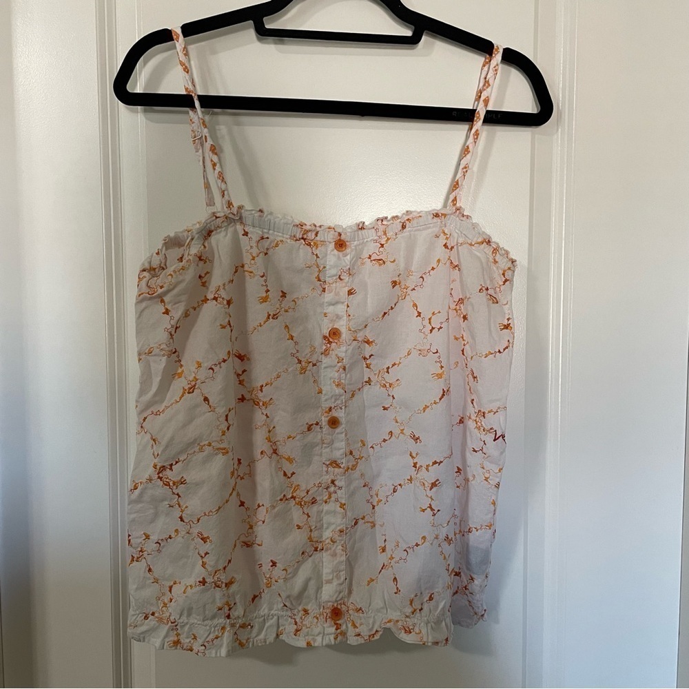 Volcom White with Orange Embroidered Pixie Dust Button Front Cami Tank